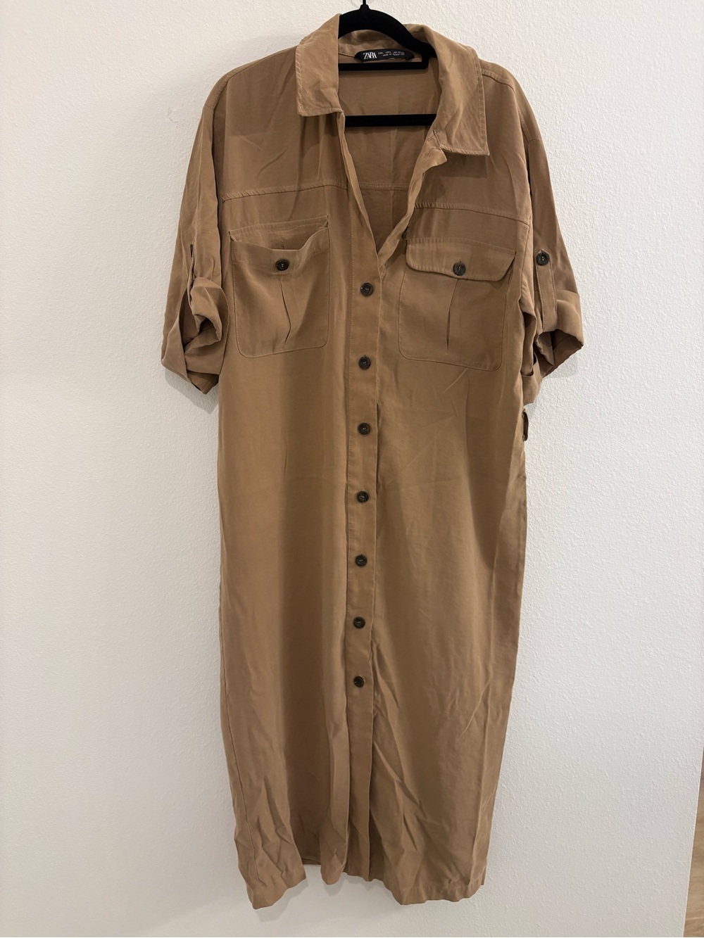 Zara Women's L Long Utility Shirt Dress - Camel Brown